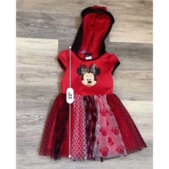 Disney Minnie Mouse Party Dress Red Black Tulle Sequins Hood Child Size S 6/6x - Picture 3 of 10
